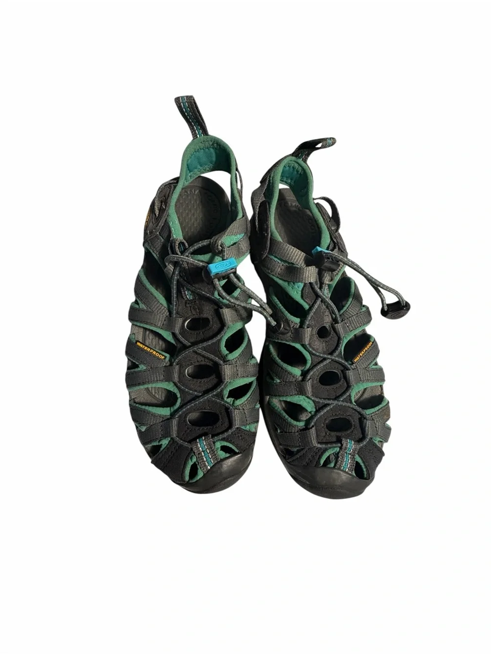 KEEN Whisper Outdoor Closed-Toe Hiking Sandals in Black and Teal 6.5